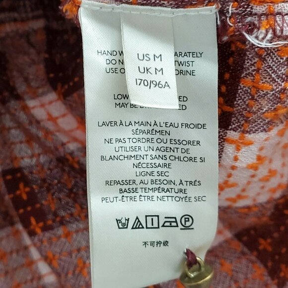 Anthropologie Pilcro Blouse Medium Plaid Deep V Red Motif Boho Smocked Tie Waist - Picture 7 of 11